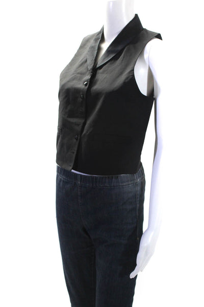 Designer Womens Black Wool V-Neck Sleeveless Button Front Sleeveless Vest Size42