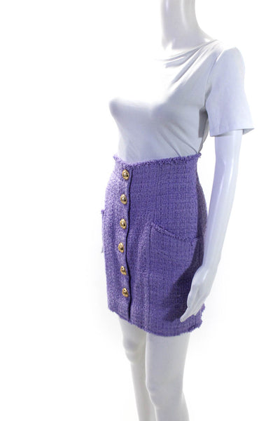 Balmain Womens Button Front Tweed Fringe Mini Pencil Skirt Light Purple FR 38