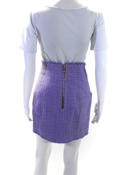 Balmain Womens Button Front Tweed Fringe Mini Pencil Skirt Light Purple FR 38