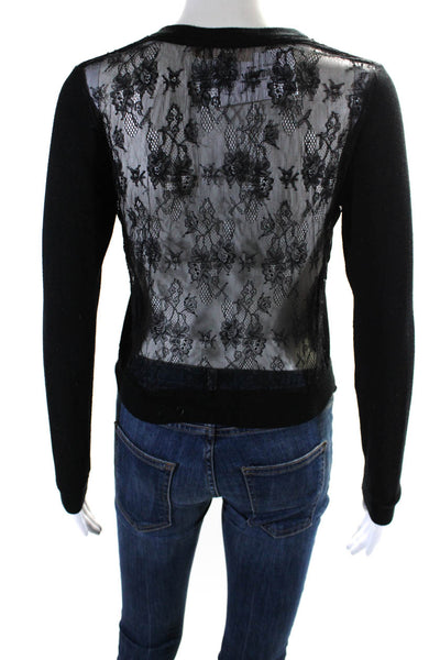 Alice + Olivia Womens Mixed Media Lace Knit Crew Neck Sweater Black Size XS