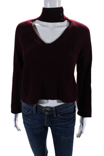 Intermix Womens Ribbed Knit Keyhole Sweatshirt Dark Red Wool Size Petite