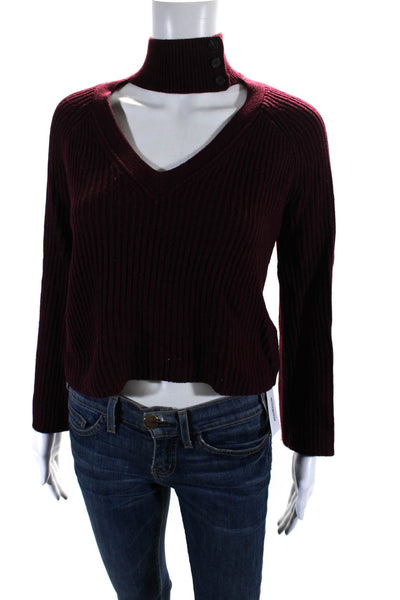 Intermix Womens Ribbed Knit Keyhole Sweatshirt Dark Red Wool Size Petite