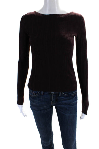 Theory Womens Long Sleeve Scoop Neck Ribbed Sweatshirt Deep Burgundy Size Petite