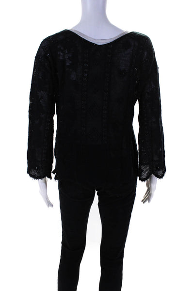 Giada Forte Women's Round Neck Long Sleeves Lace Blouse Black Size 1