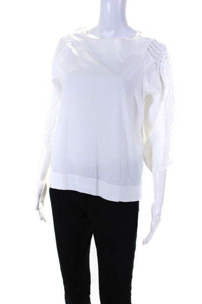 D. Exterior Women's Round Neck Short Sleeves Lace Trim Blouse White Size S