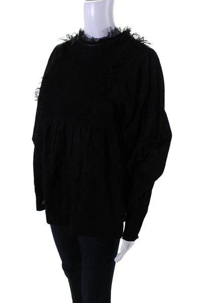 The Great Women's Round Neck Long Sleeves Ruffe Smoked Blouse Black Size 0