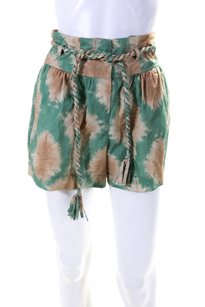Ulla Johnson Womens Tie Dyed Belted Pleated Paperbag Shorts Green Tan Size 0