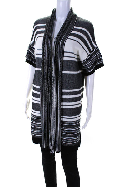 Vince Womens Knit Striped Short Sleeve Longline Cardigan Sweater White Size XXS