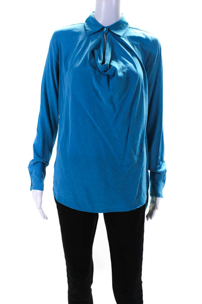 Vince Womens Silk Collared Long Sleeve Pullover Blouse Top Blue Size XS