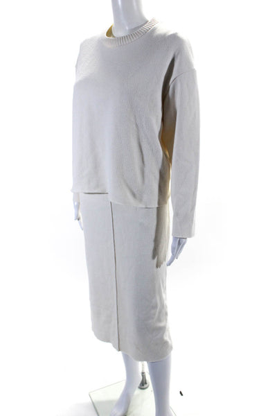 Zara Womens Ivory Crew Neck Pullover Long Sleeve Sweater Top Skirt Set Size S M