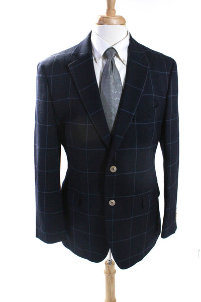 Lauren Ralph Lauren Mens 100% Wool Plaid Two Button Blazer Navy Blue Size 44