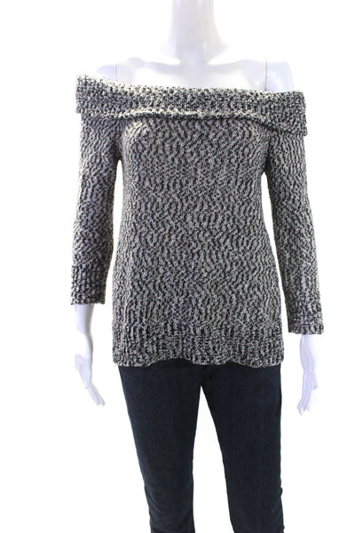 Roi Womens Knit Boucle Off Shoulder 3/4 Sleeve Sweater Black White Size Small