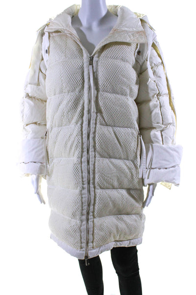 Moncler Womens Mesh Front Full Zipper Hooded Puffer Coat White Size 1