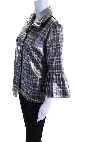 Weavz Womens Metallic Plaid Collared Long Sleeve Button Up Jacket Silver Size S