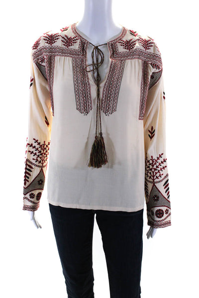 Misa Womens Embroidered V-Neck Long Sleeve Pullover Blouse Top Beige Size XS