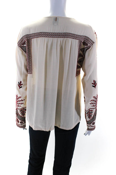 Misa Womens Embroidered V-Neck Long Sleeve Pullover Blouse Top Beige Size XS