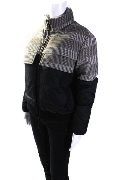 Central Park West Womens Woven Glen Check Puffer Coat Black Brown Size XS