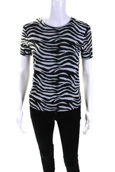 Staud Womens Mesh Zebra Print Short Sleeve Basic Shirt Top White Black Size M