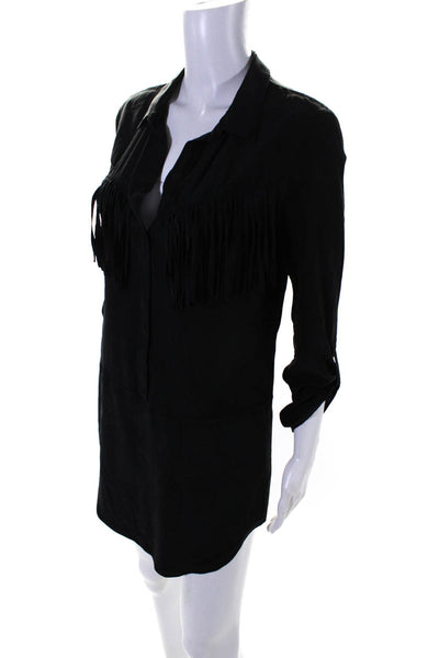 Rory Beca Womens Black Silk Fringe Detail Long Sleeve Shirt Dress Size XS