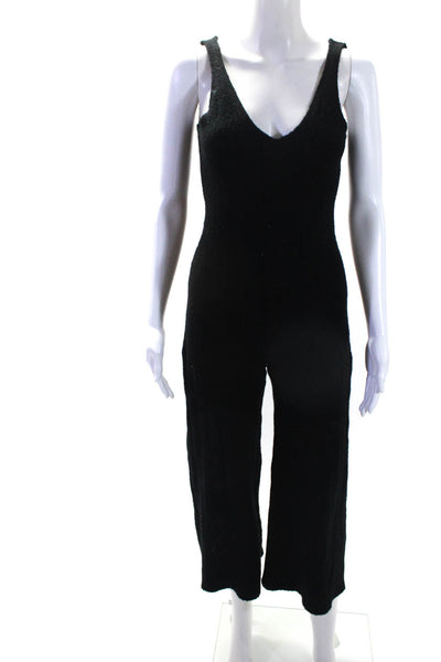 Weekend Stories Womens Black Ribbed V-Neck Sleeveless Wide Leg Jumpsuit Size XS