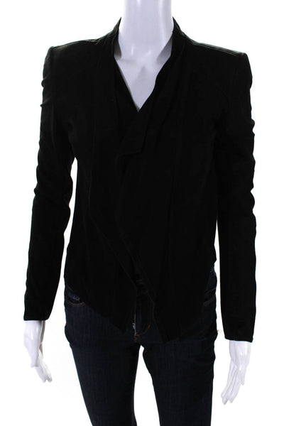LaMarque Womens Black Suede Leather Open Front Hi-Low Long Sleeve Jacket Size 0