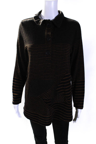 Terra Womens Long Sleeve Half Button Striped Sweater Brown Black Size Small