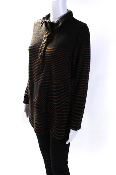 Terra Womens Long Sleeve Half Button Striped Sweater Brown Black Size Small