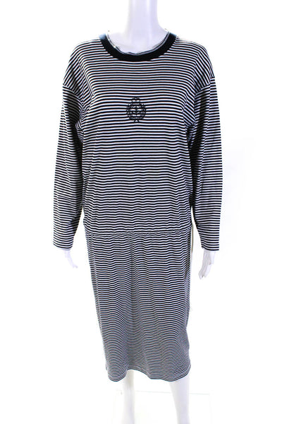 Adrienne Vittadini Sport Womens Scoop Neck Striped Midi Dress White Navy Small