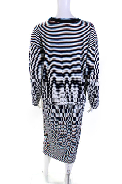 Adrienne Vittadini Sport Womens Scoop Neck Striped Midi Dress White Navy Small