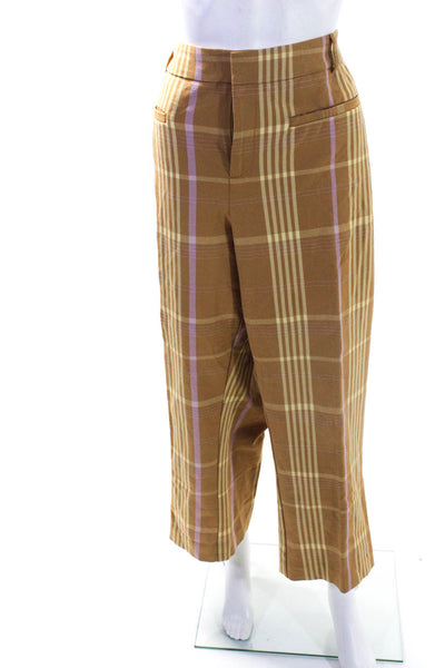 Anthropologie Womens Cotton Plaid Print Straight Leg Dress Pants Yellow Size L