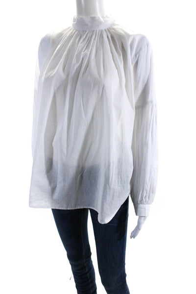 Mahsa Womens Cotton High Neck Long Sleeve Button Up Blouse Top White Size XS
