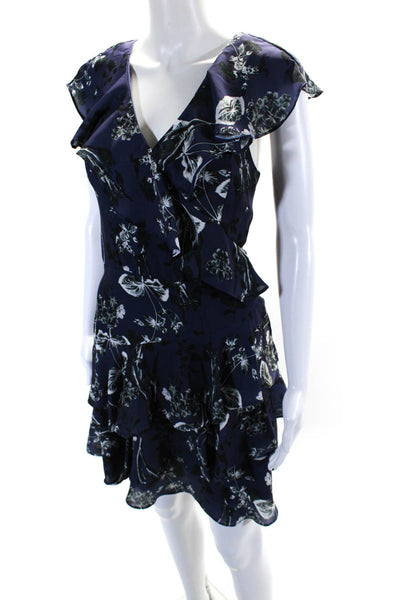 Parker Womens Floral Print Ruffled Hem Sleeveless Sheath Dress Navy Blue Size S