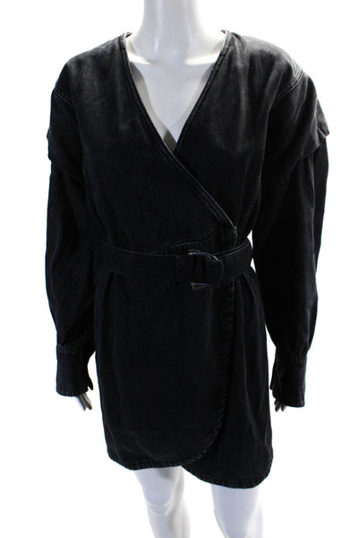 IRO Womens Denim V Neck Long Sleeved Belted Short Wrap Dress Dark Gray Size 36