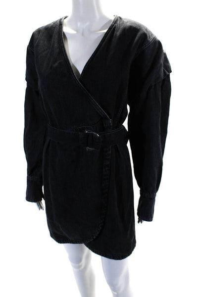 IRO Womens Denim V Neck Long Sleeved Belted Short Wrap Dress Dark Gray Size 36