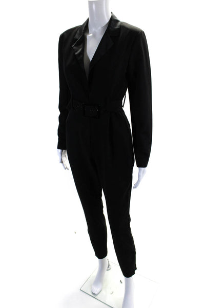 We Wore What Womens Long Sleeved Collared V Neck Belted Jumpsuit Black Size S