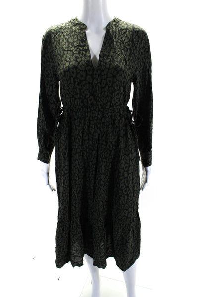 Rails Womens Leopard Print Long Sleeved Tied Blouson Dress Green Black Size XS