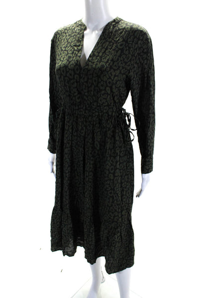 Rails Womens Leopard Print Long Sleeved Tied Blouson Dress Green Black Size XS