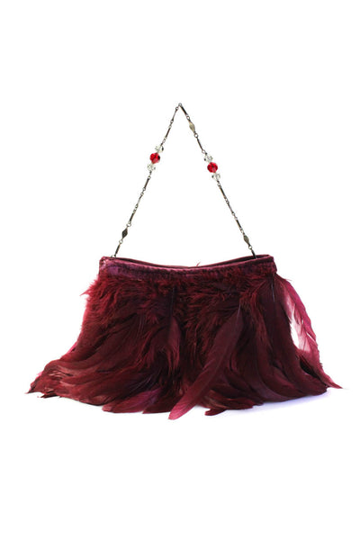 Anya Hindmarch Womens Beaded Strap Satin Feather Snap Closure Pouch Handbag Red