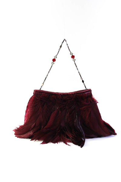 Anya Hindmarch Womens Beaded Strap Satin Feather Snap Closure Pouch Handbag Red