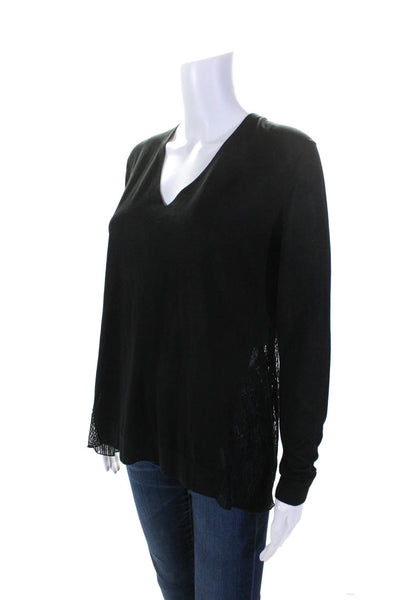 Akris Womens Long Sleeve Knit V Neck Lace Back Sweater Blouse Black Silk Size 8