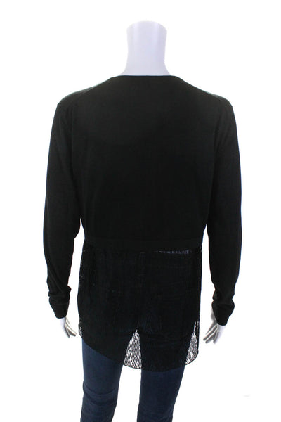 Akris Womens Long Sleeve Knit V Neck Lace Back Sweater Blouse Black Silk Size 8