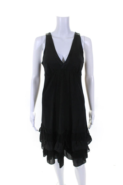 A Common Thread Womens V Neck Tiered Ruffle Hem Sheath Dress Black Silk Medium