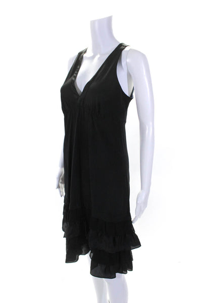 A Common Thread Womens V Neck Tiered Ruffle Hem Sheath Dress Black Silk Medium