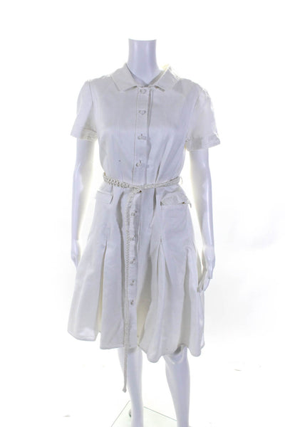 Chado Ralph Rucci Womens Belted Sateen Fit & Flare Shirt Dress White Silk Size 8