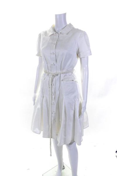 Chado Ralph Rucci Womens Belted Sateen Fit & Flare Shirt Dress White Silk Size 8