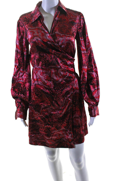 Ganni Womens Long Sleeve Collared Silk Snakeskin Print Dress Red Black FR 32
