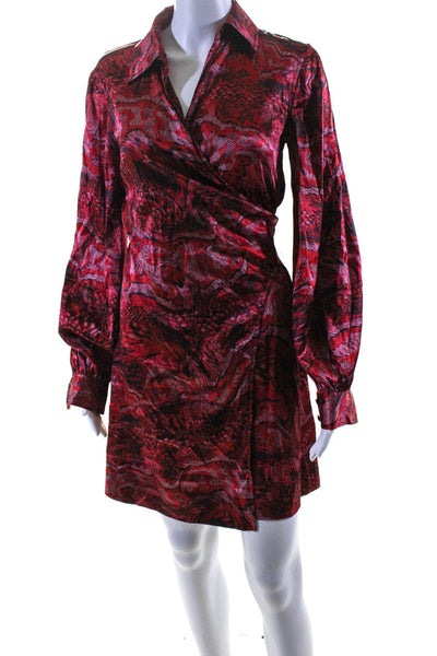 Ganni Womens Long Sleeve Collared Silk Snakeskin Print Dress Red Black FR 32