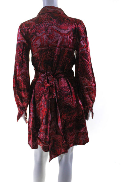 Ganni Womens Long Sleeve Collared Silk Snakeskin Print Dress Red Black FR 32