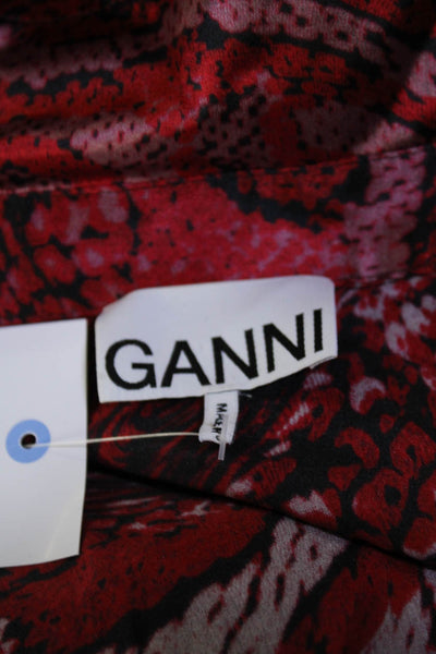 Ganni Womens Long Sleeve Collared Silk Snakeskin Print Dress Red Black FR 32