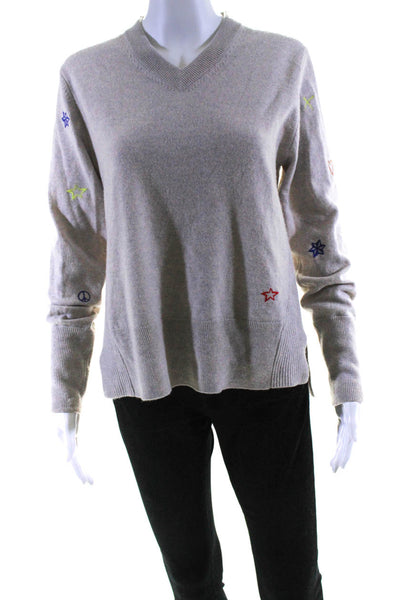 Cocoa Womens Cashmere Stars Print V Neck Long Sleeves Sweater Beige Size Small